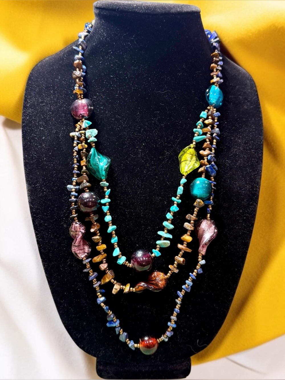 Handmade 3-Strand Genuine Gemstone & Lampwork Glass Bead Boho Festival Necklace